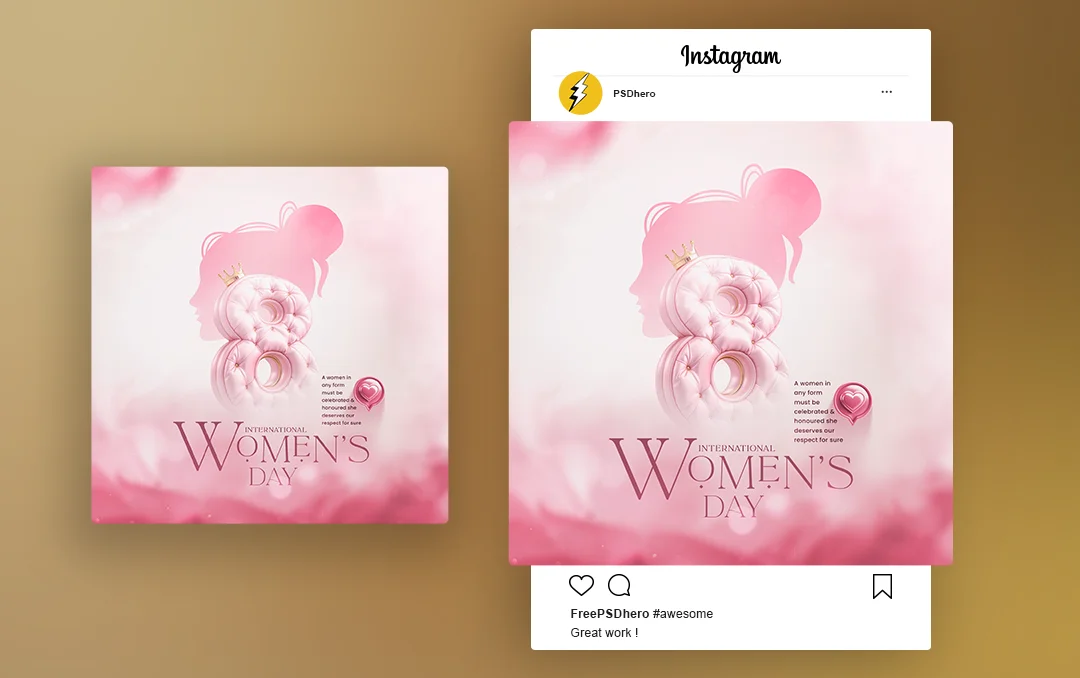 Women's Day Flyer PSD Free template featuring a pink leather-textured number 8 with a crown on top, a lady silhouette behind, and elegant typography.