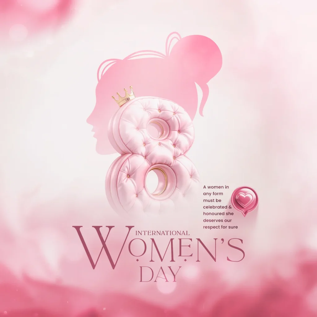 Women's Day Flyer PSD Free template featuring a pink leather-textured number 8 with a crown on top, a lady silhouette behind, and elegant typography.