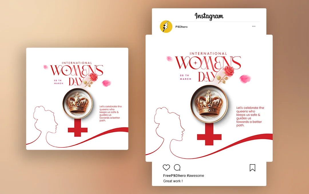 International Women's Day Free PSD template featuring a Venus symbol with a crown, elegant typography, and a woman vector illustration at the bottom.