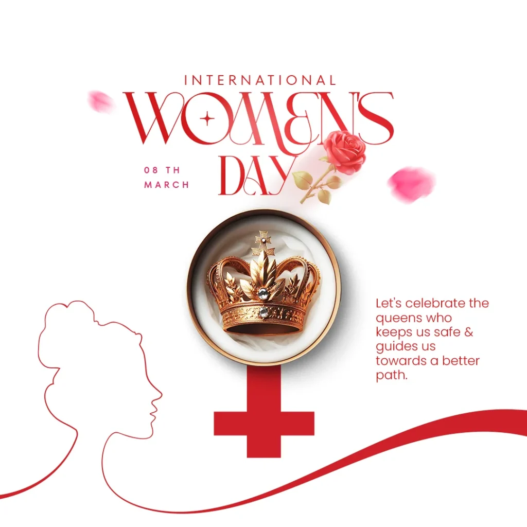 International Women's Day Free PSD template featuring a Venus symbol with a crown, elegant typography, and a woman vector illustration at the bottom.